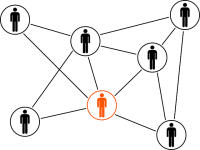 Illustration eines Netzwerks: Kreise verbunden und in den Kreisen Personen-Icons